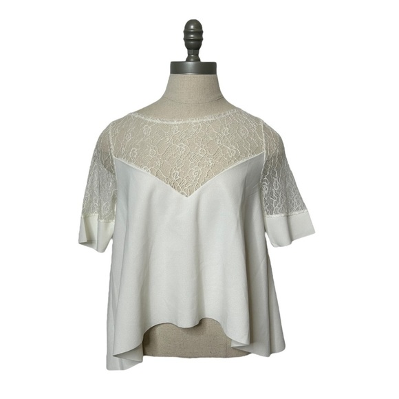 Zara White Short Sleeve Contrast Lace V-Neck Flowy Crop Blouse Size Medium - Picture 6 of 16